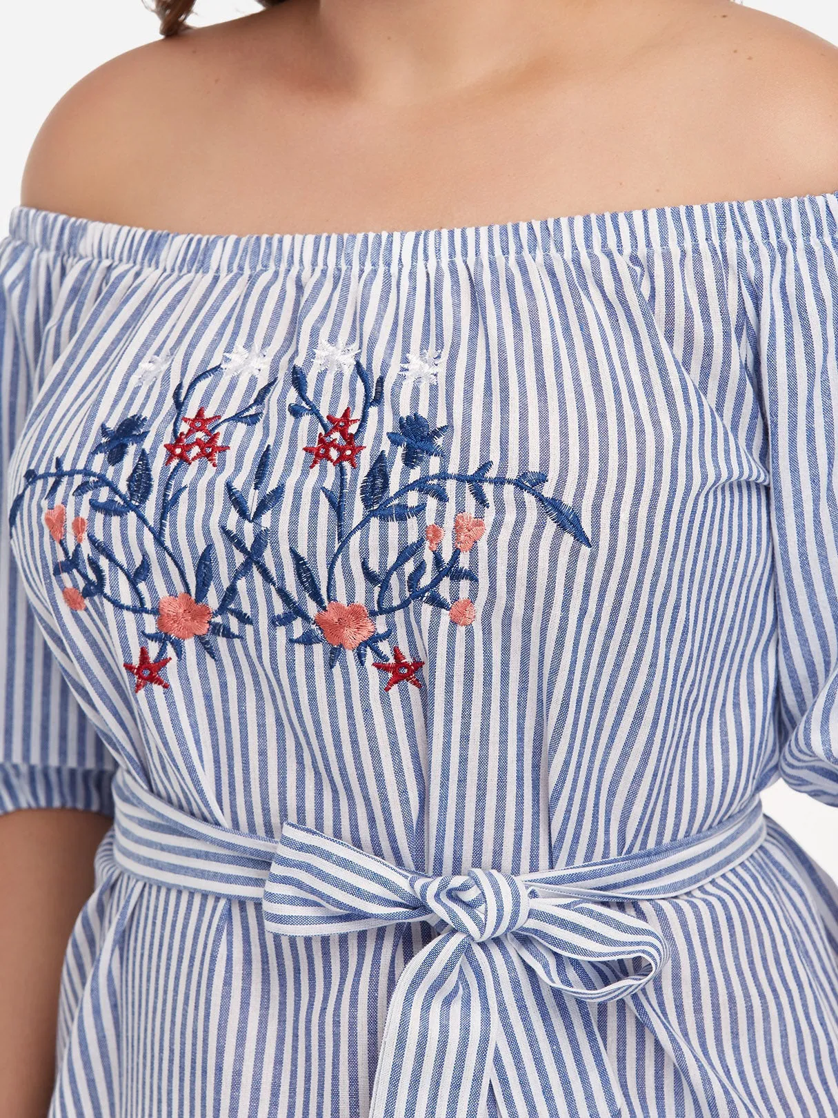 OEM ODM Off The Shoulder Stripe Embroidered Self-Tie Half Sleeve Curved Hem Blue Plus Size Dresses