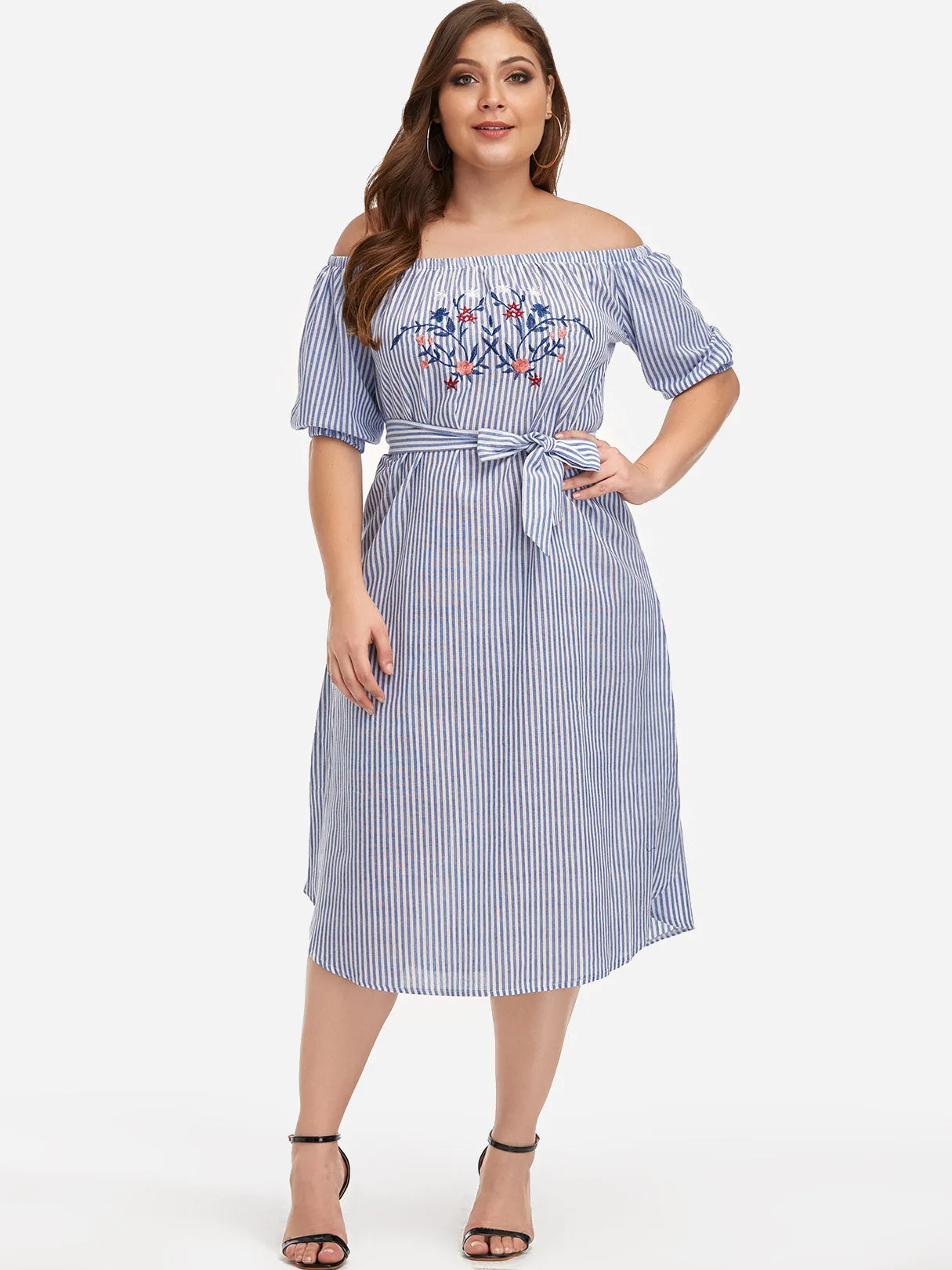 OEM ODM Off The Shoulder Stripe Embroidered Self-Tie Half Sleeve Curved Hem Blue Plus Size Dresses