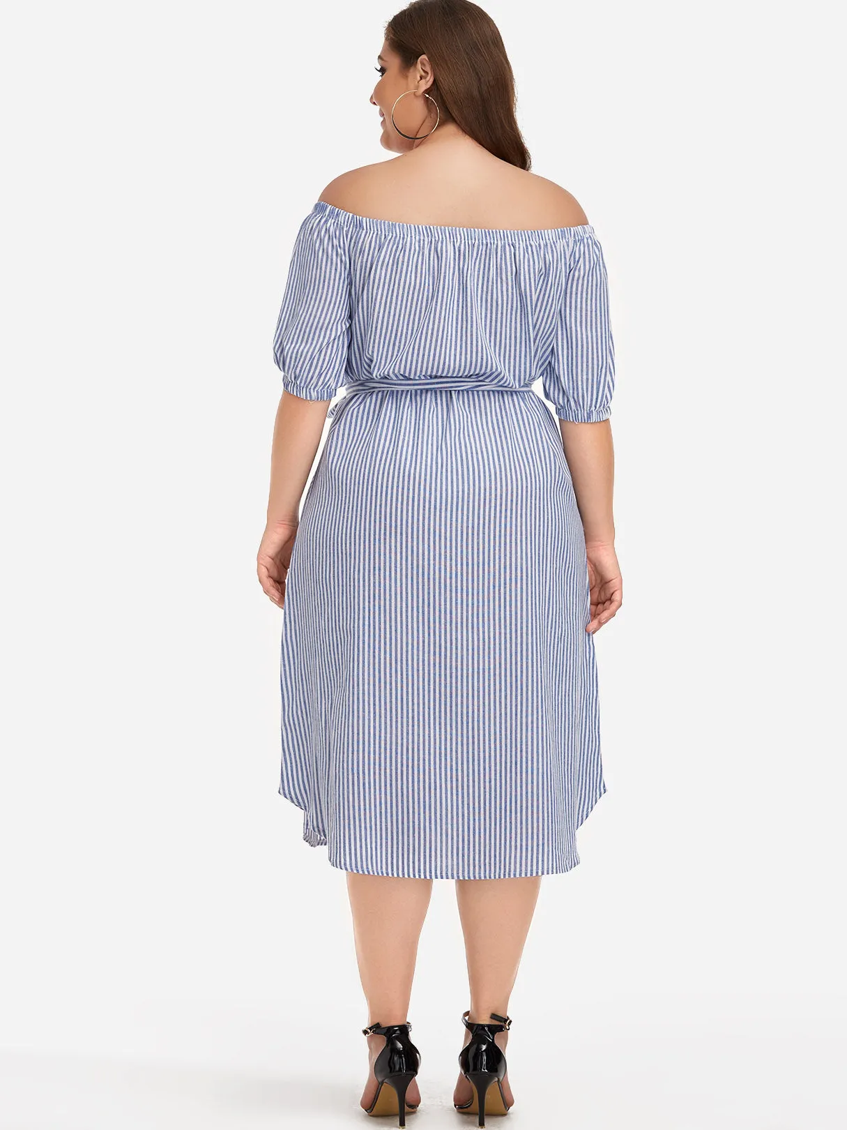 OEM ODM Off The Shoulder Stripe Embroidered Self-Tie Half Sleeve Curved Hem Blue Plus Size Dresses
