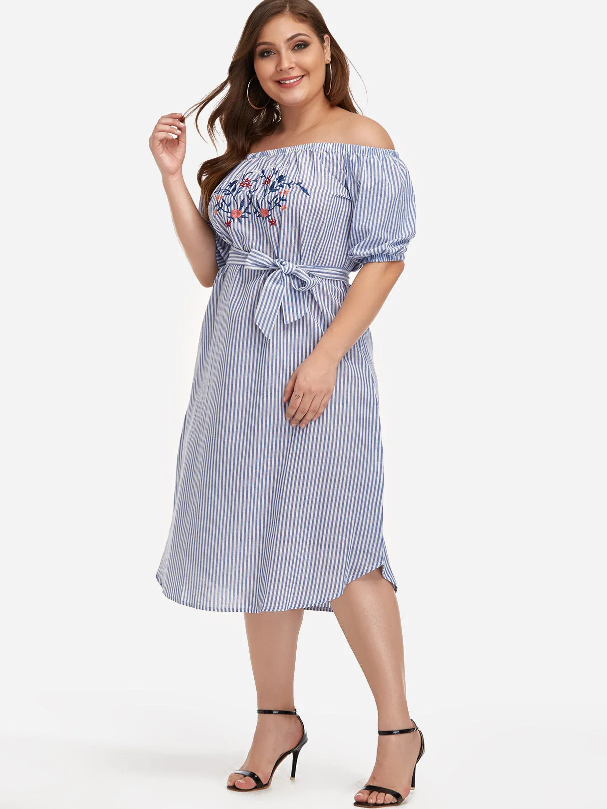 OEM ODM Off The Shoulder Stripe Embroidered Self-Tie Half Sleeve Curved Hem Blue Plus Size Dresses