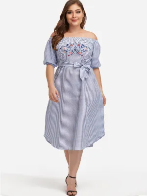 OEM ODM Off The Shoulder Stripe Embroidered Self-Tie Half Sleeve Curved Hem Blue Plus Size Dresses