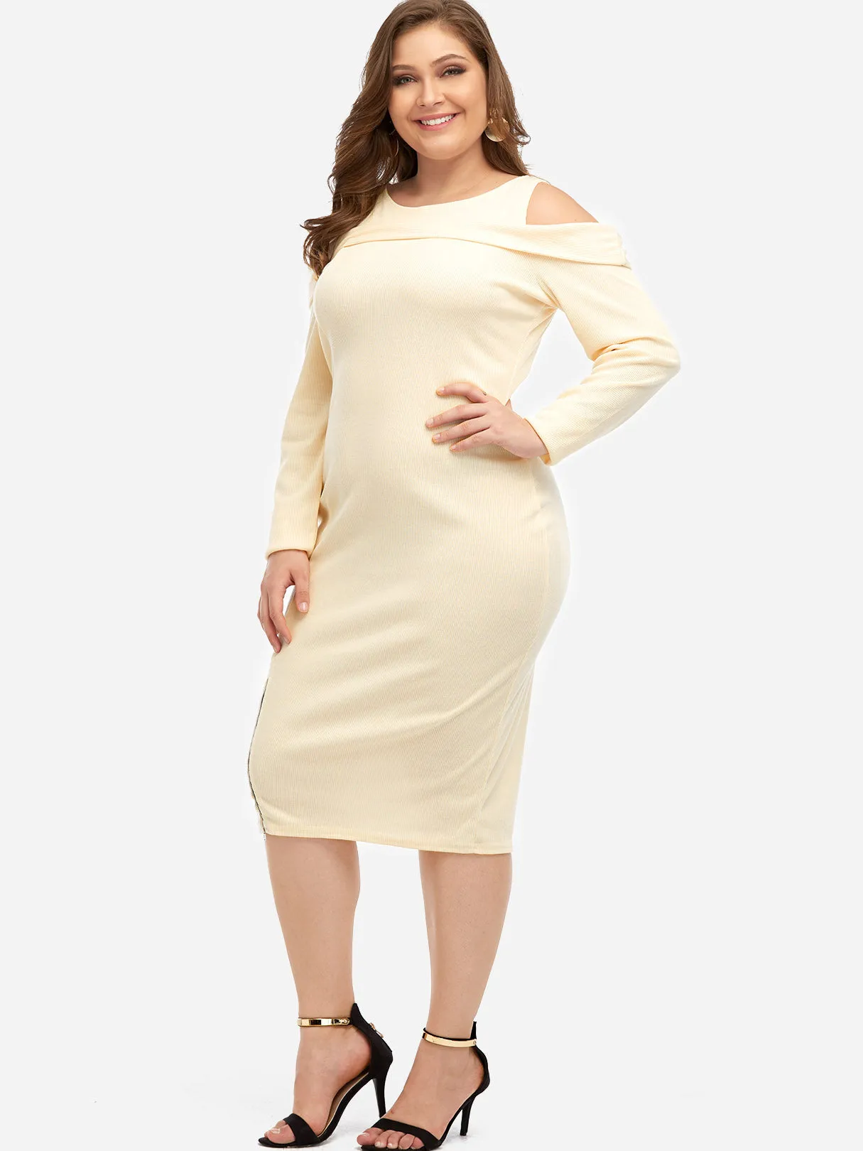 OEM ODM Round Neck Cold Shoulder Plain Zip Back Cut Out Long Sleeve Cream Plus Size Dresses