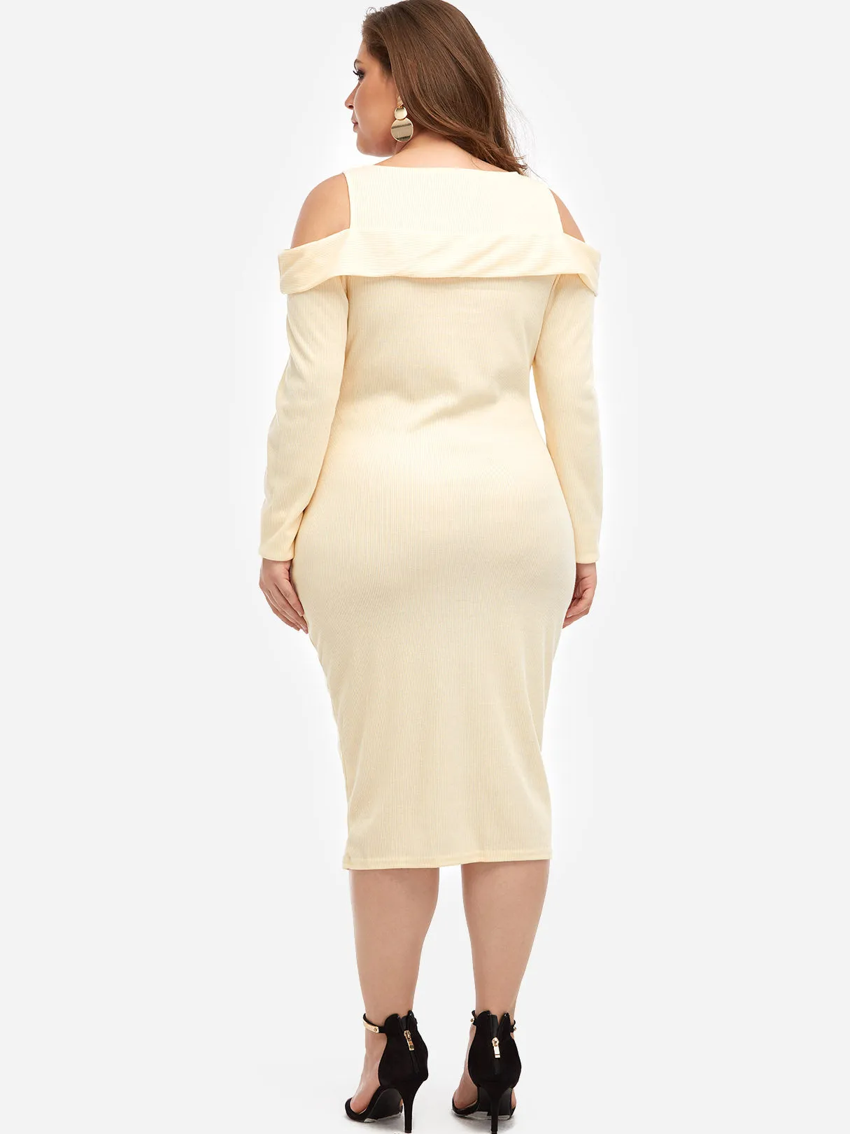 OEM ODM Round Neck Cold Shoulder Plain Zip Back Cut Out Long Sleeve Cream Plus Size Dresses