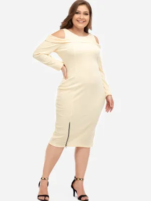 OEM ODM Round Neck Cold Shoulder Plain Zip Back Cut Out Long Sleeve Cream Plus Size Dresses
