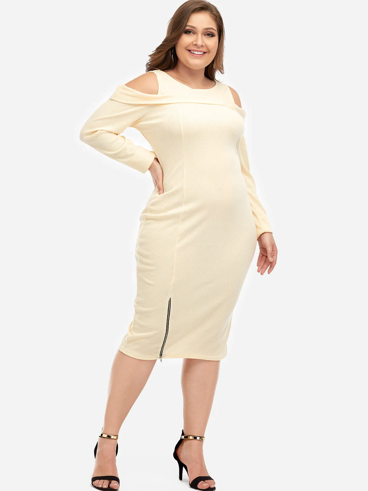 OEM ODM Round Neck Cold Shoulder Plain Zip Back Cut Out Long Sleeve Cream Plus Size Dresses