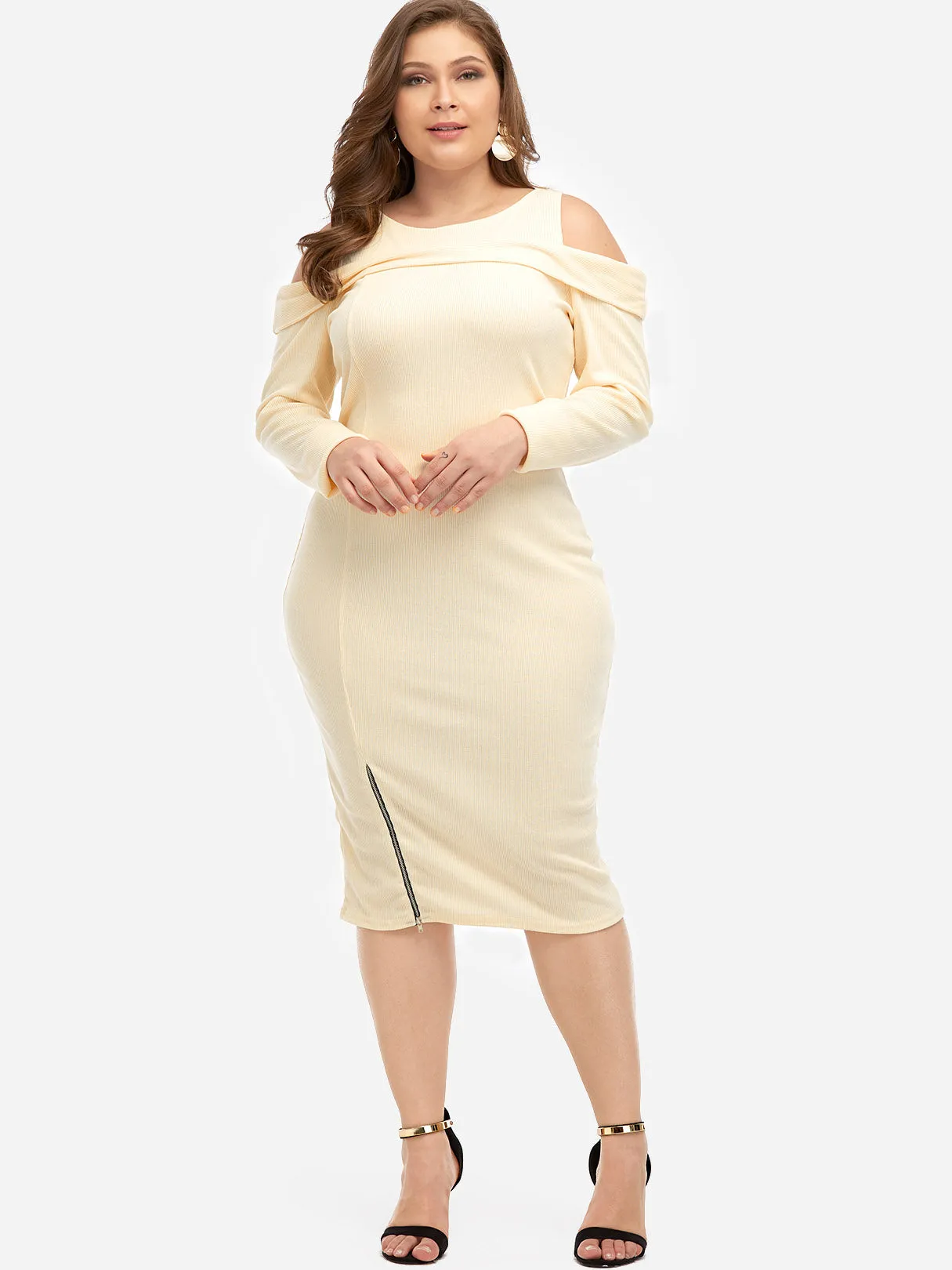 OEM ODM Round Neck Cold Shoulder Plain Zip Back Cut Out Long Sleeve Cream Plus Size Dresses
