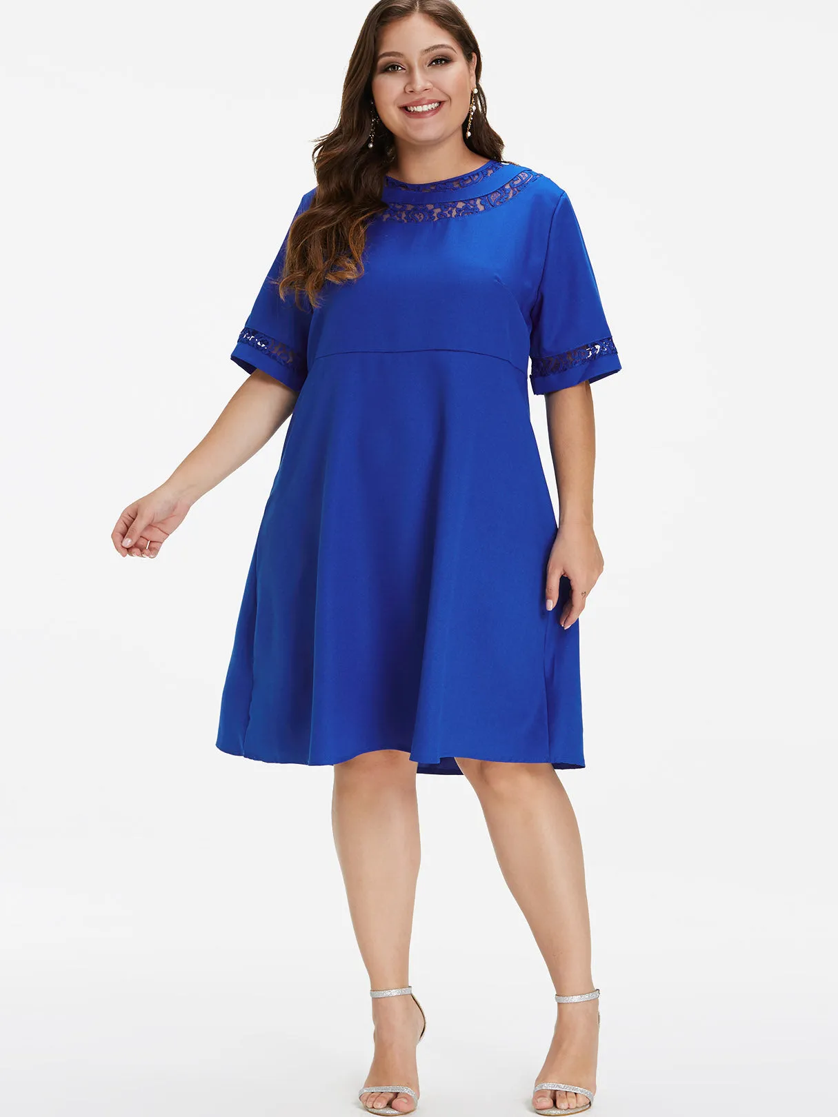 OEM ODM Round Neck Plain Lace Half Sleeve Blue Plus Size Dress