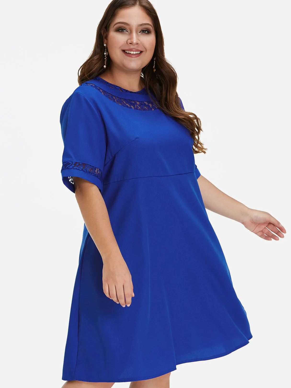 OEM ODM Round Neck Plain Lace Half Sleeve Blue Plus Size Dress