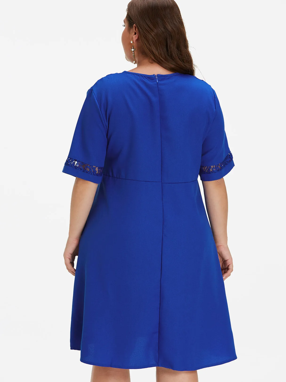 OEM ODM Round Neck Plain Lace Half Sleeve Blue Plus Size Dress