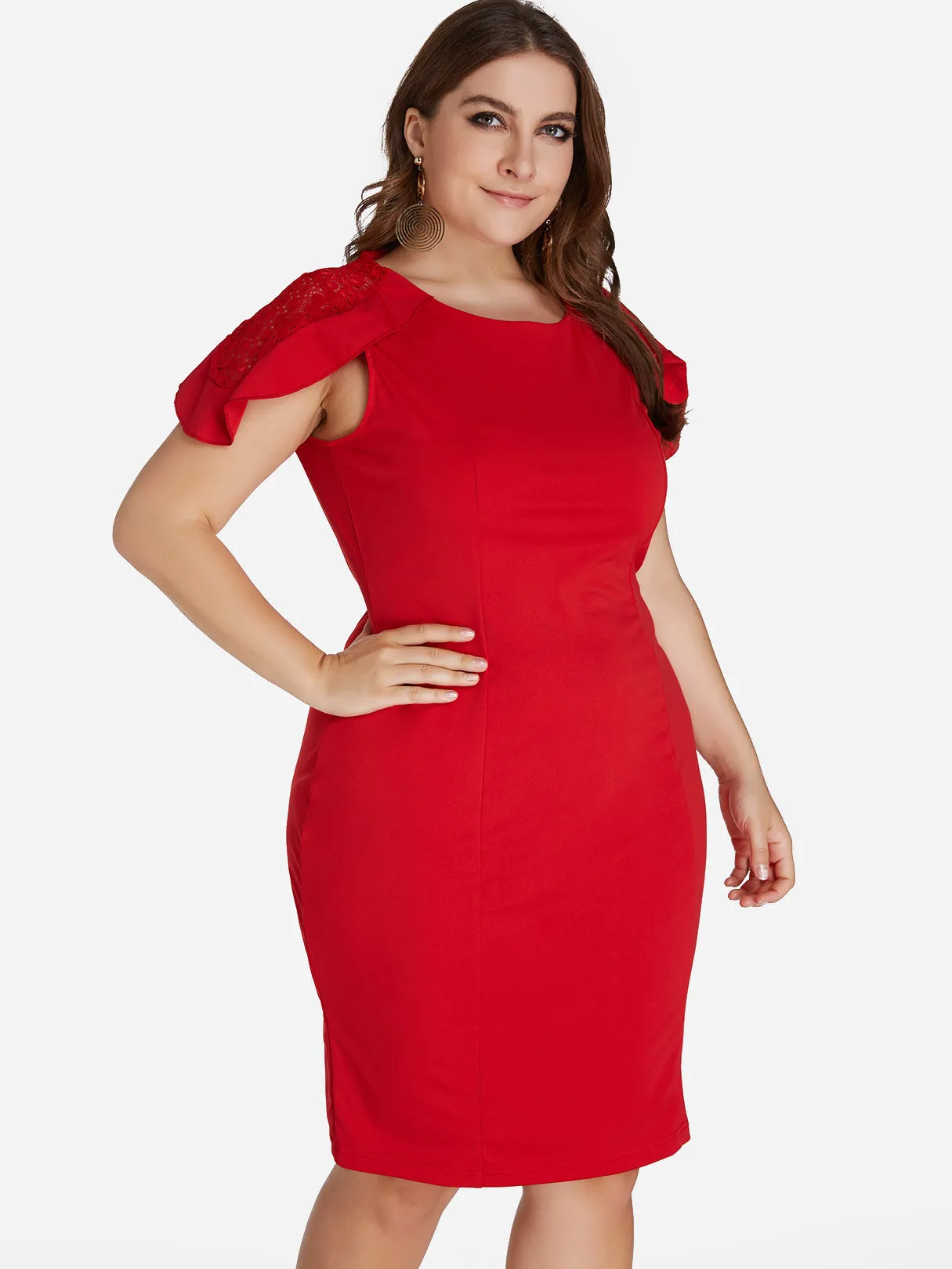 OEM ODM Round Neck Plain Lace Hollow Short Sleeve Plus Size Dresses
