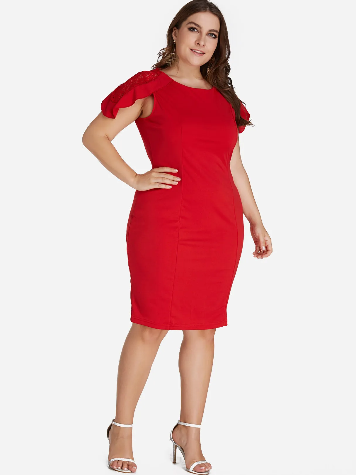OEM ODM Round Neck Plain Lace Hollow Short Sleeve Plus Size Dresses