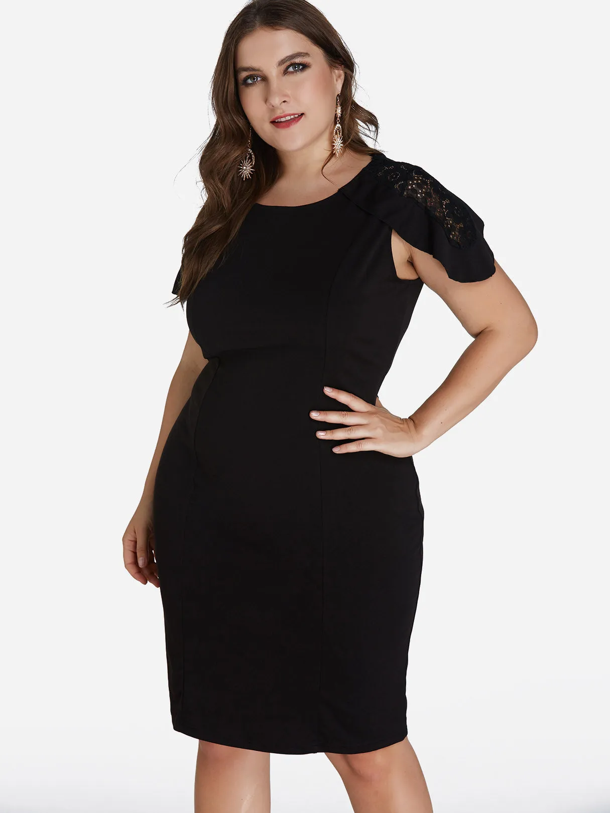 OEM ODM Round Neck Plain Lace Hollow Short Sleeve Plus Size Dresses