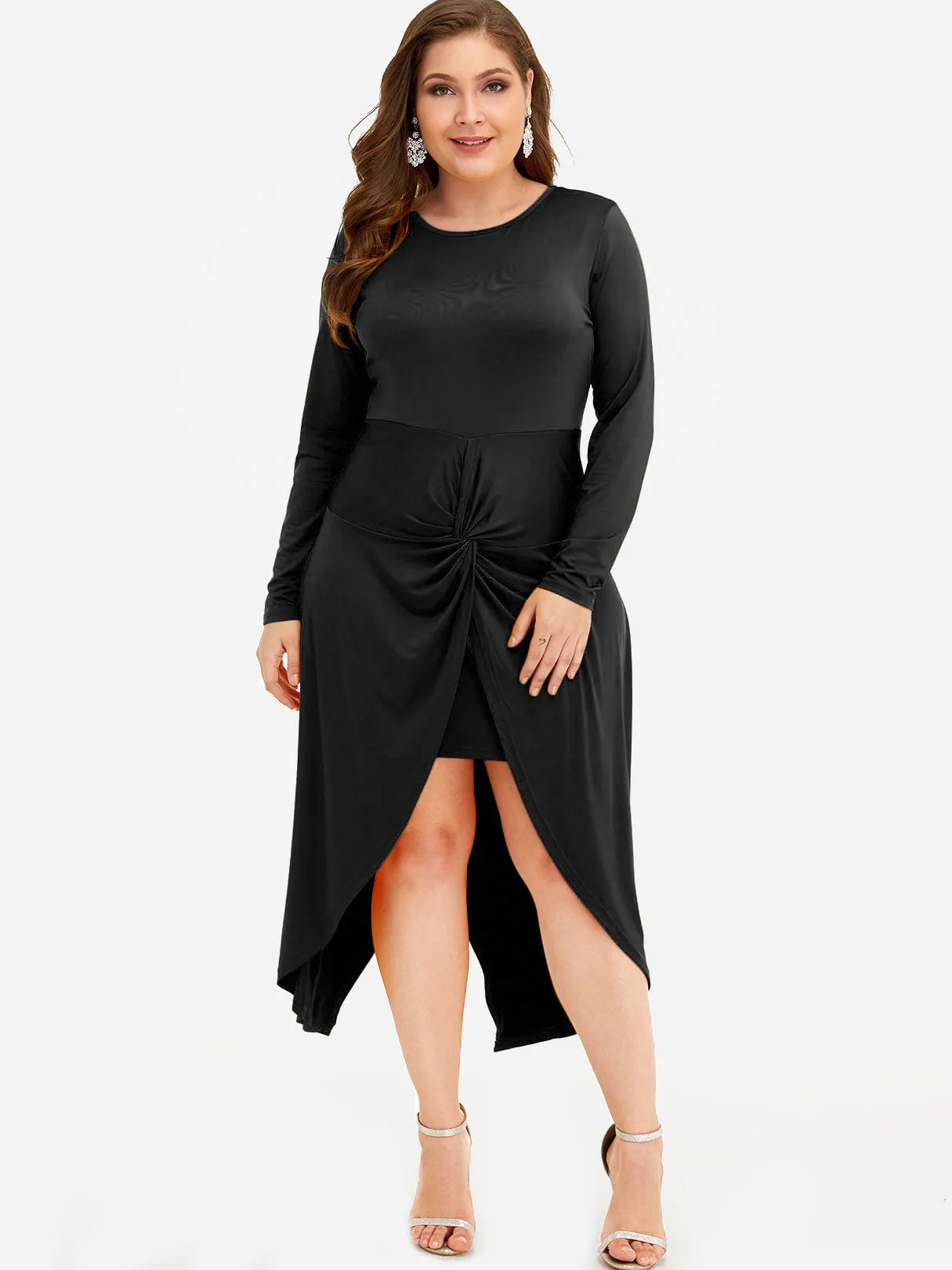 OEM ODM Round Neck Plain Tiered Long Sleeve Curved Hem Black Plus Size Dresses