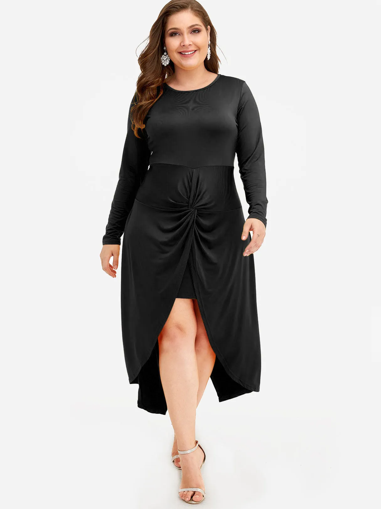 OEM ODM Round Neck Plain Tiered Long Sleeve Curved Hem Black Plus Size Dresses