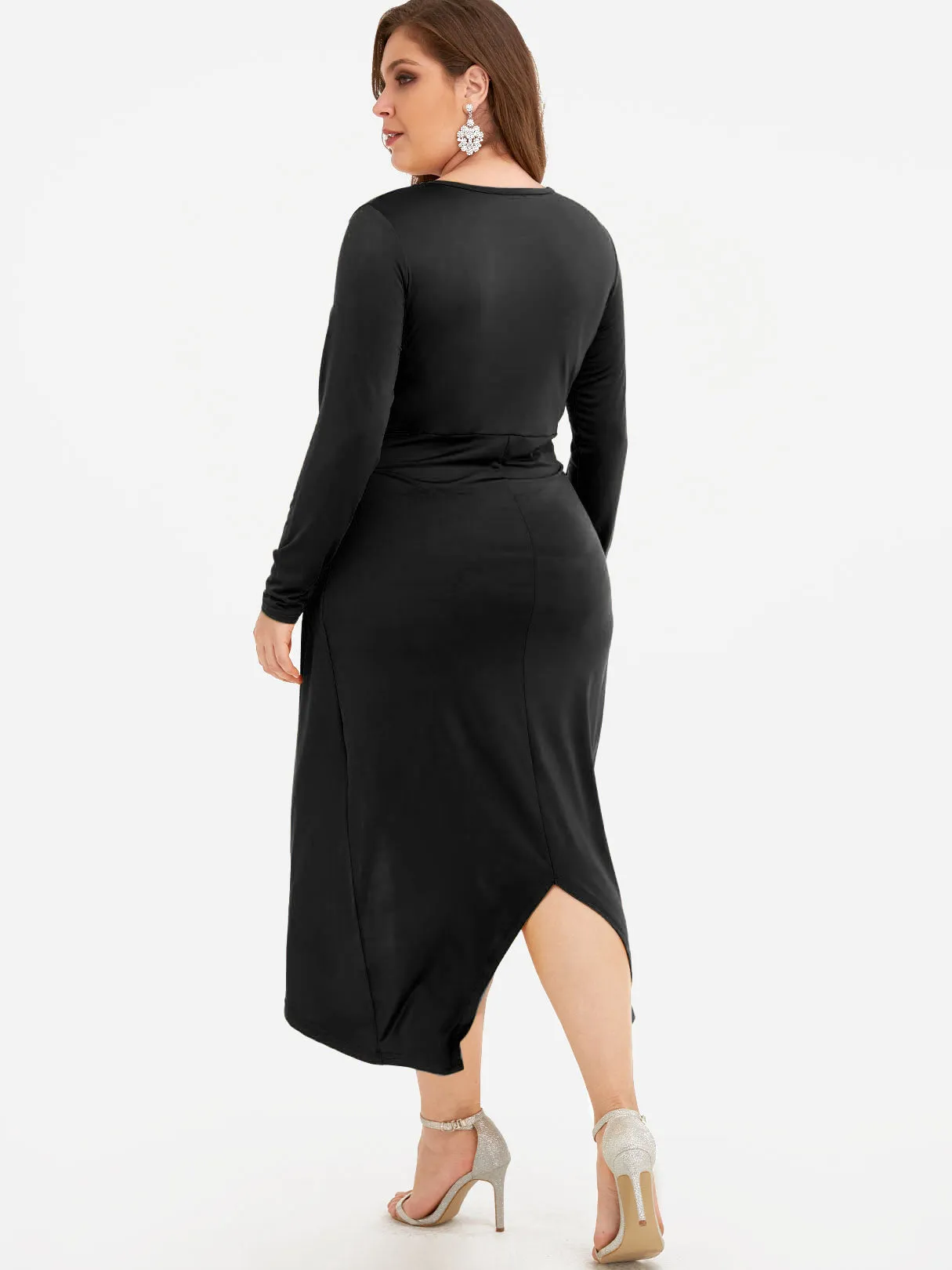 OEM ODM Round Neck Plain Tiered Long Sleeve Curved Hem Black Plus Size Dresses