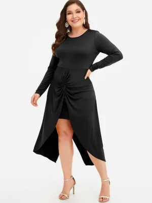 OEM ODM Round Neck Plain Tiered Long Sleeve Curved Hem Black Plus Size Dresses