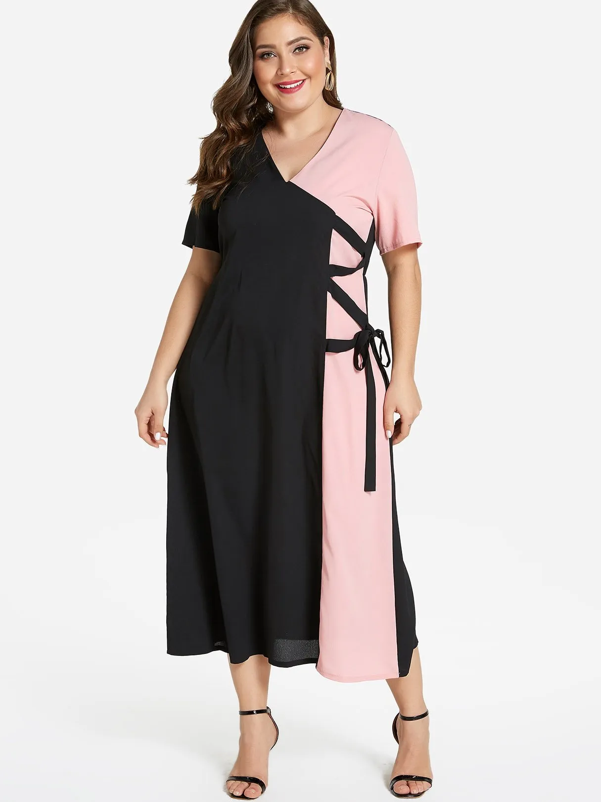 OEM ODM Round Neck Self-Tie Short Sleeve Plus Size Dress