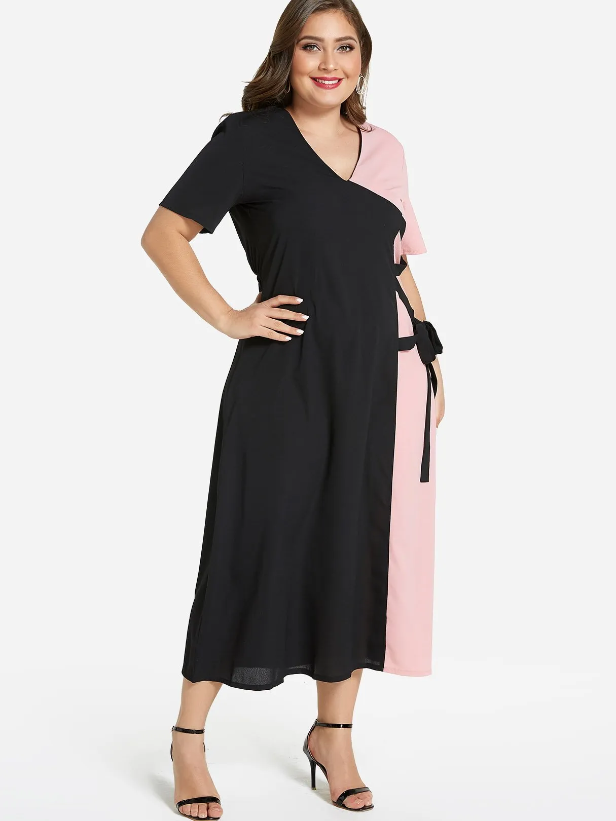 OEM ODM Round Neck Self-Tie Short Sleeve Plus Size Dress