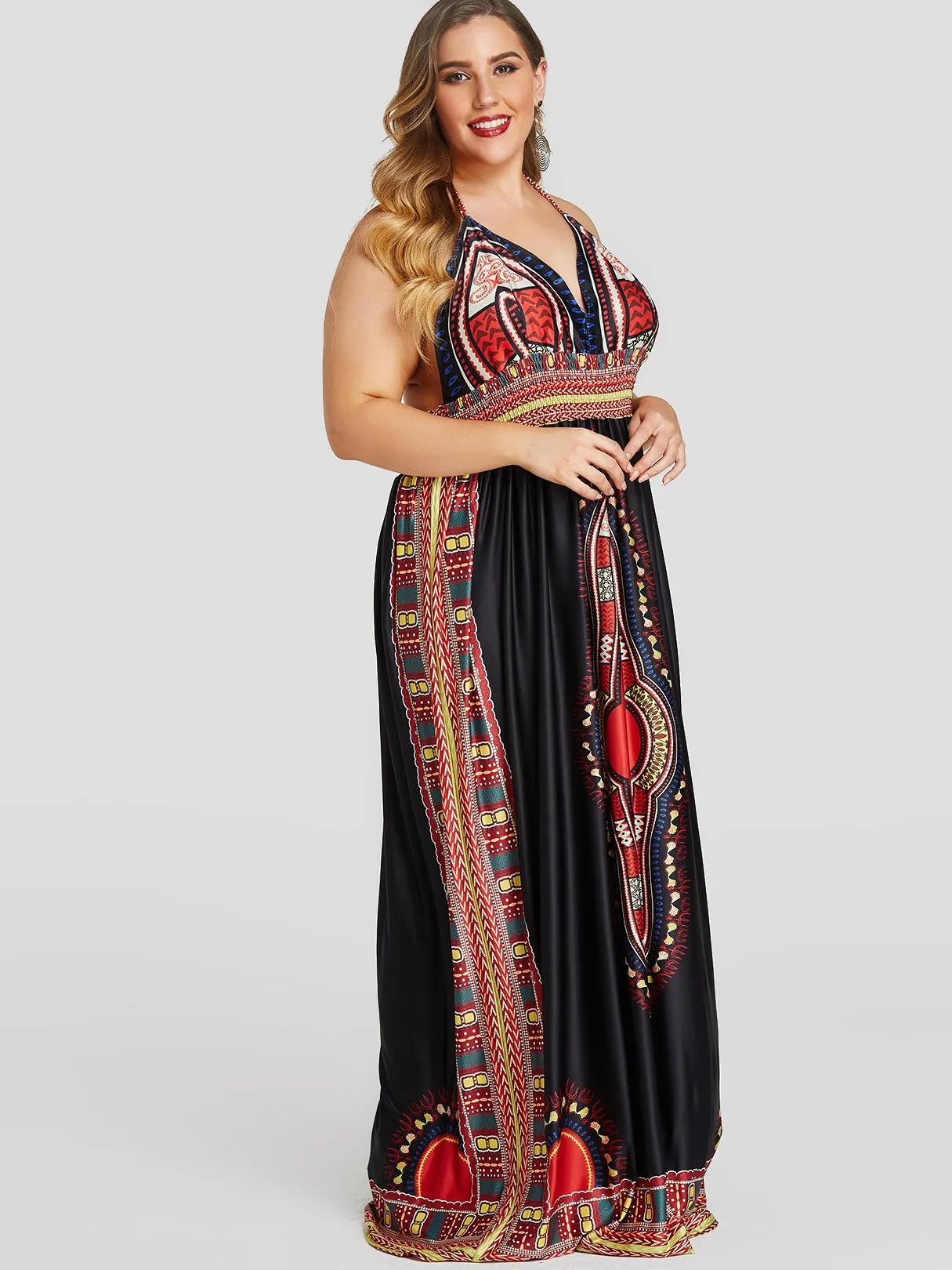 OEM ODM V-Neck Embroidered Self-Tie Sleeveless Black Plus Size Dress