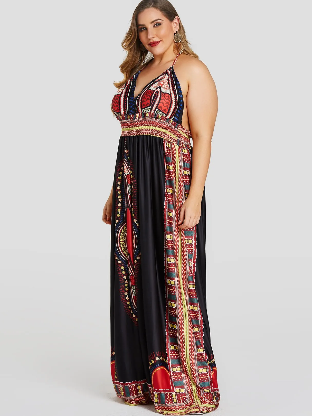 OEM ODM V-Neck Embroidered Self-Tie Sleeveless Black Plus Size Dress