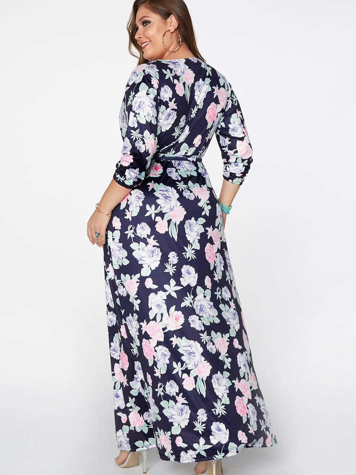 OEM ODM V-Neck Floral Print 3/4 Sleeve Slit Hem Navy Plus Size Maxi Dress