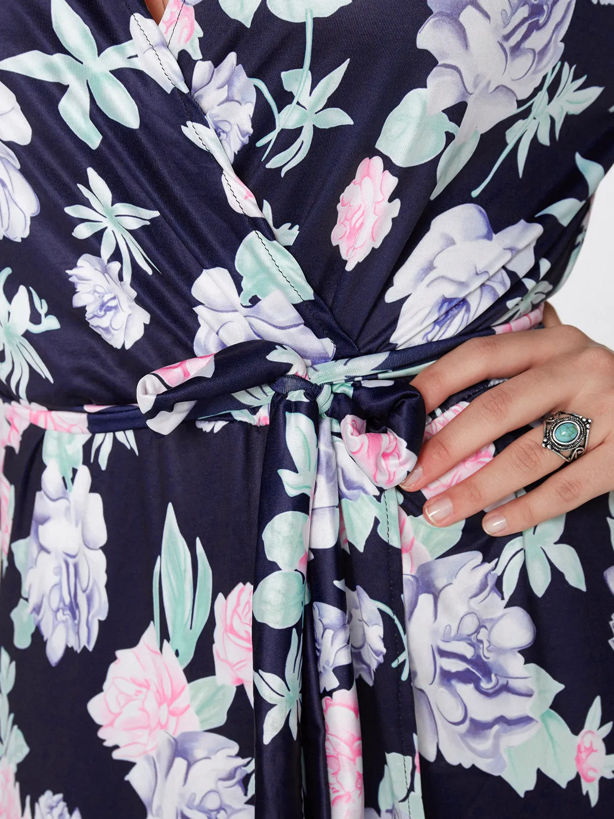 OEM ODM V-Neck Floral Print 3/4 Sleeve Slit Hem Navy Plus Size Maxi Dress
