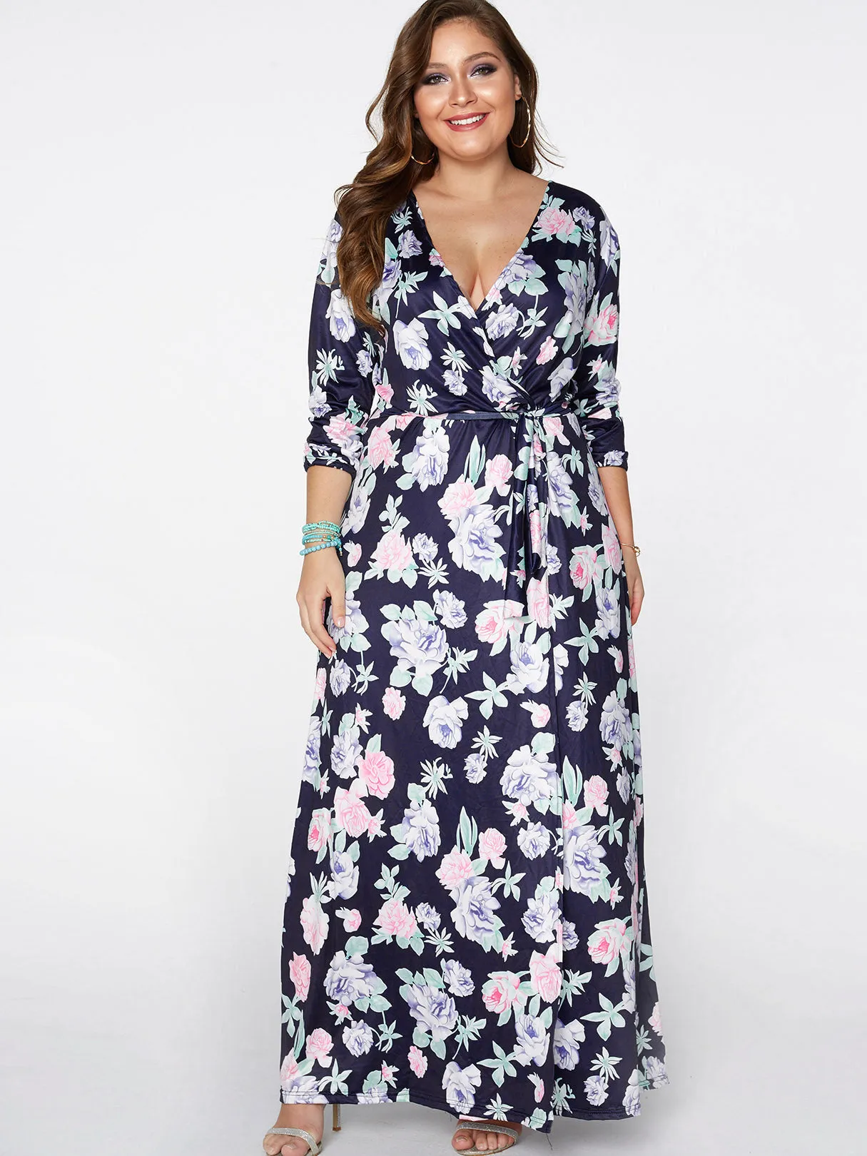 OEM ODM V-Neck Floral Print 3/4 Sleeve Slit Hem Navy Plus Size Maxi Dress