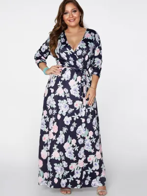 OEM ODM V-Neck Floral Print 3/4 Sleeve Slit Hem Navy Plus Size Maxi Dress