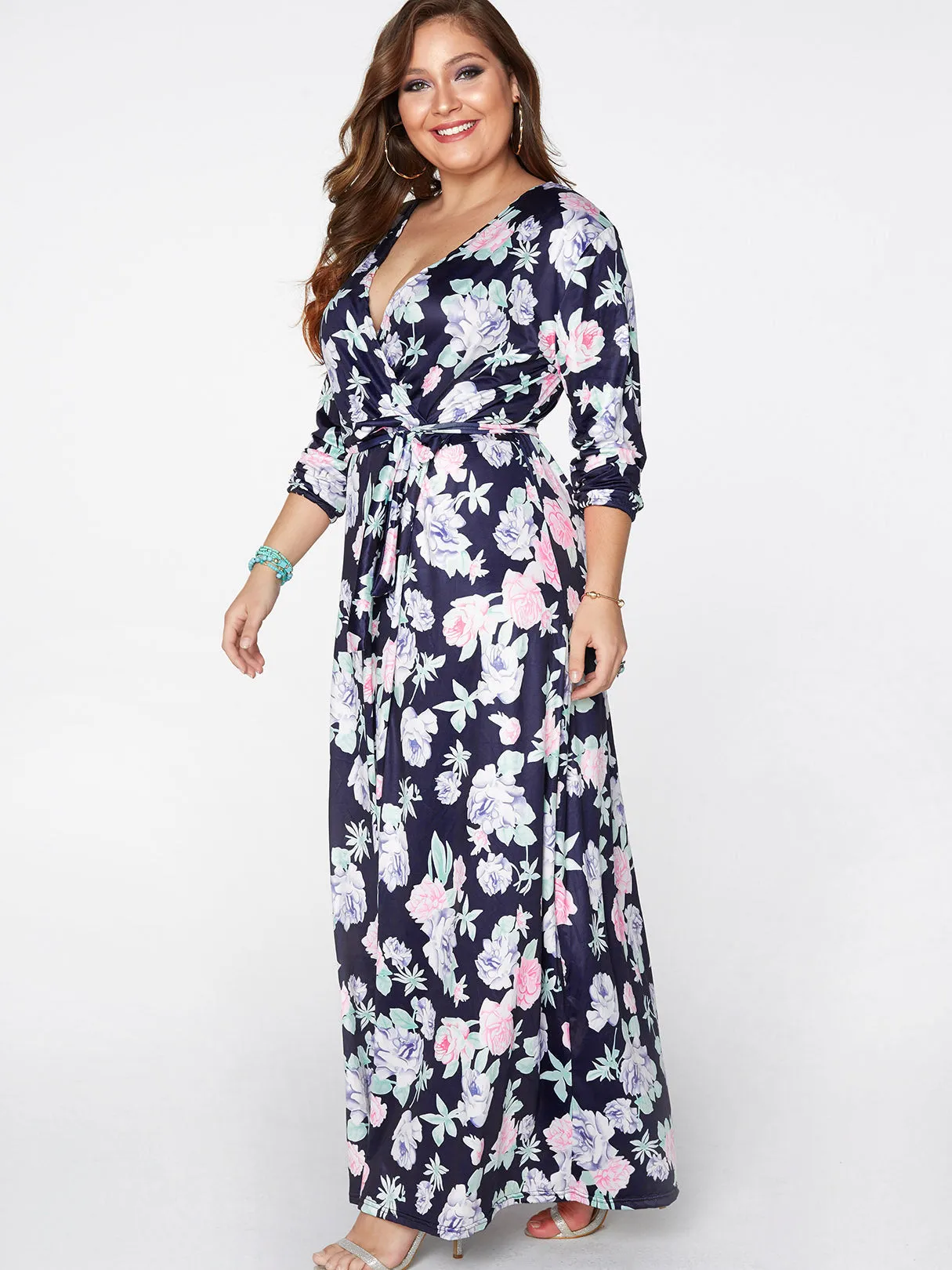 OEM ODM V-Neck Floral Print 3/4 Sleeve Slit Hem Navy Plus Size Maxi Dress