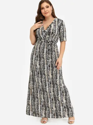 OEM ODM V-Neck Floral Print Belt Self-Tie Wrap Half Sleeve Plus Size Dress