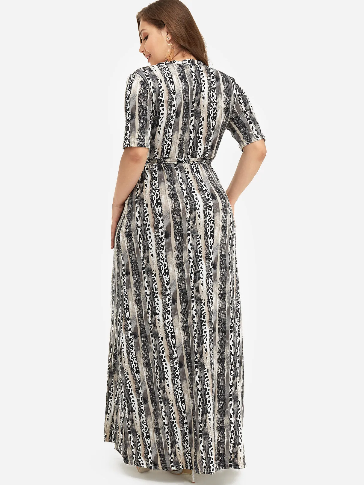 OEM ODM V-Neck Floral Print Belt Self-Tie Wrap Half Sleeve Plus Size Dress