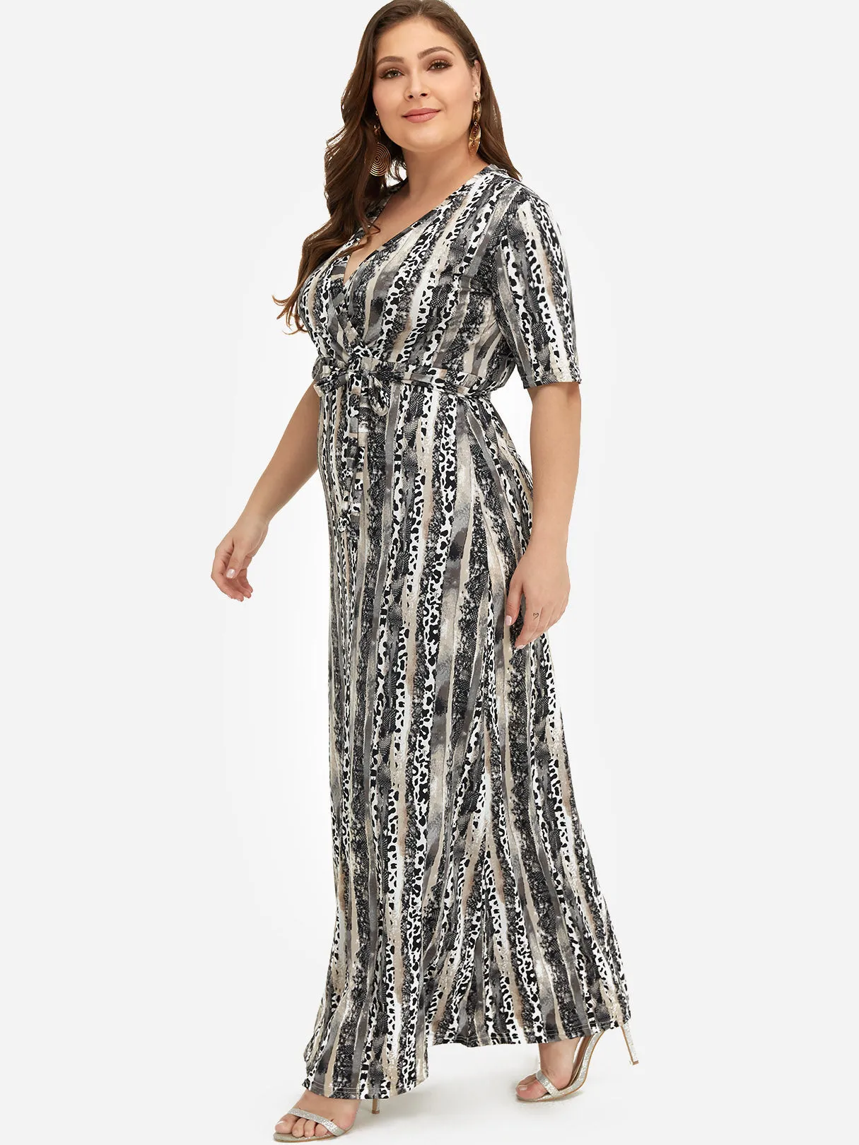 OEM ODM V-Neck Floral Print Belt Self-Tie Wrap Half Sleeve Plus Size Dress