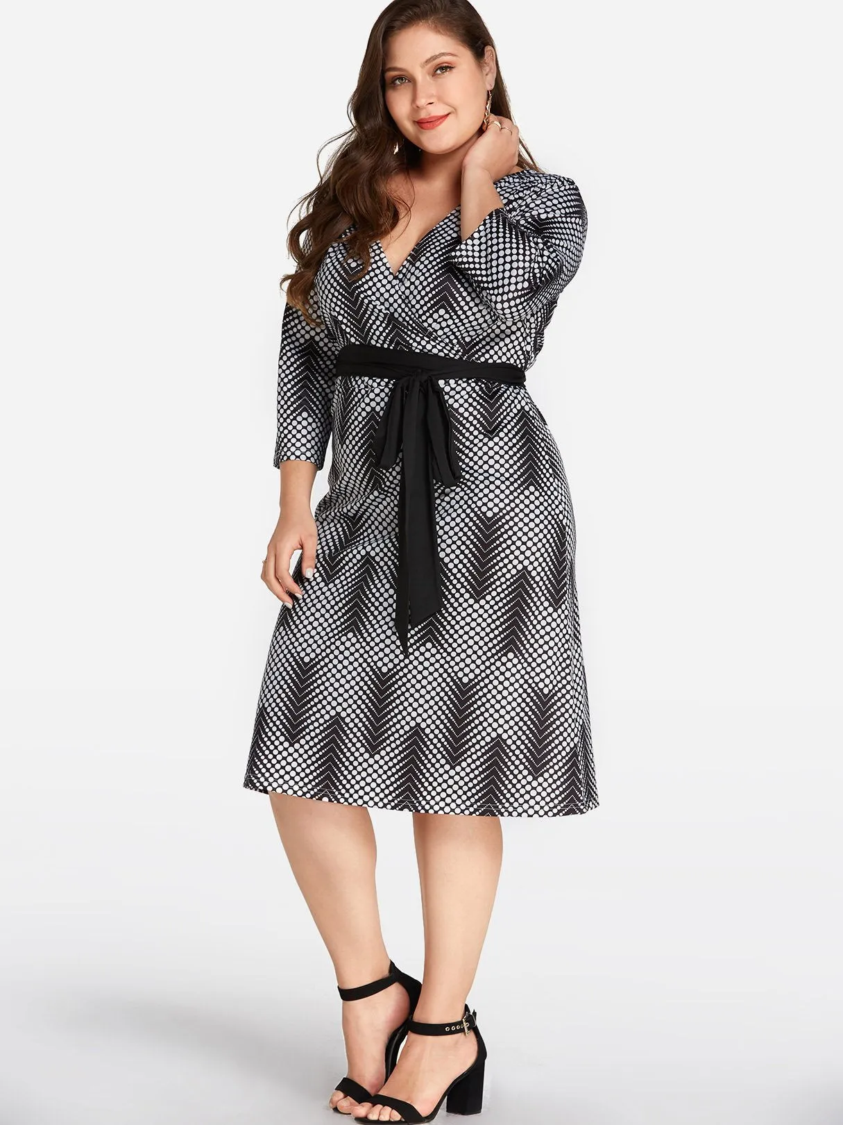 OEM ODM V-Neck Floral Print Self-Tie Wrap Long Sleeve Black Plus Size Dress