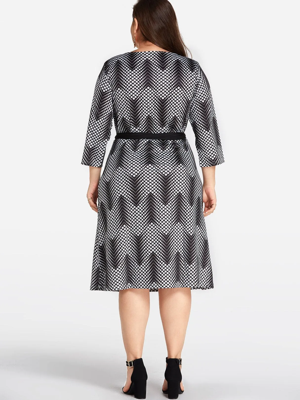 OEM ODM V-Neck Floral Print Self-Tie Wrap Long Sleeve Black Plus Size Dress