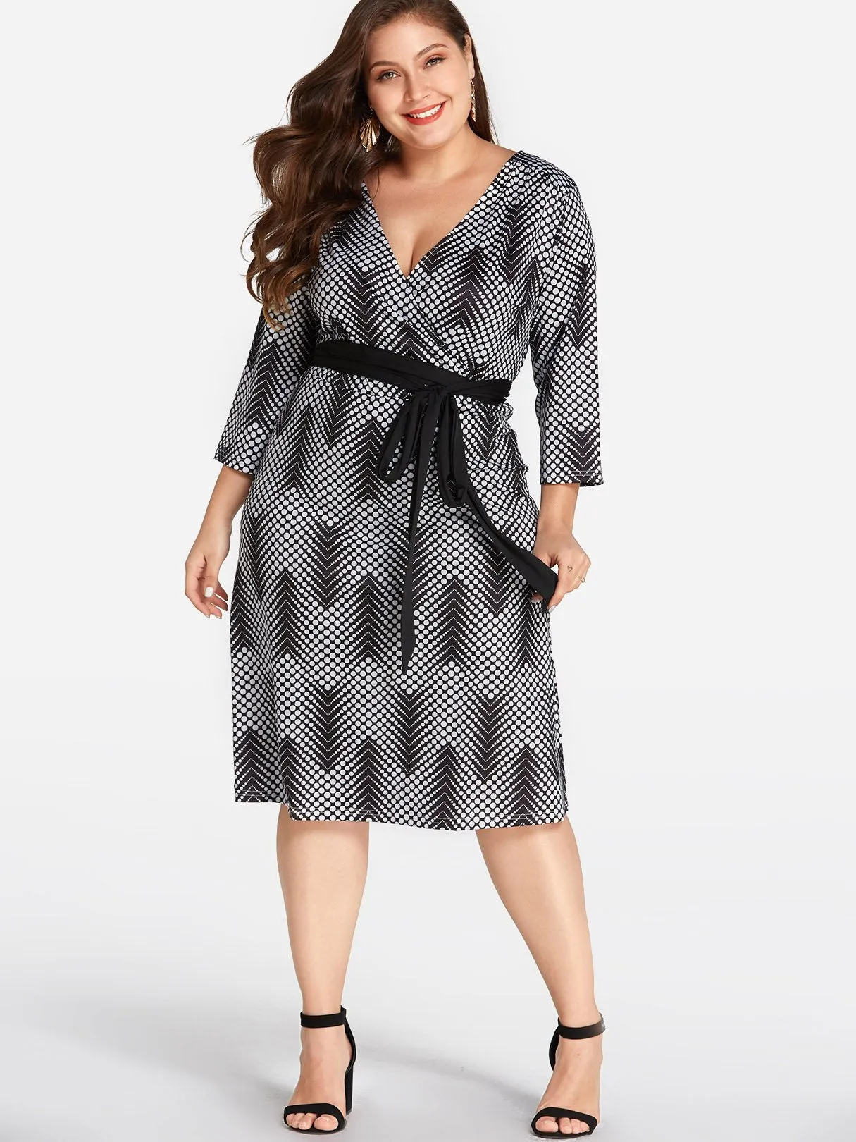 OEM ODM V-Neck Floral Print Self-Tie Wrap Long Sleeve Black Plus Size Dress