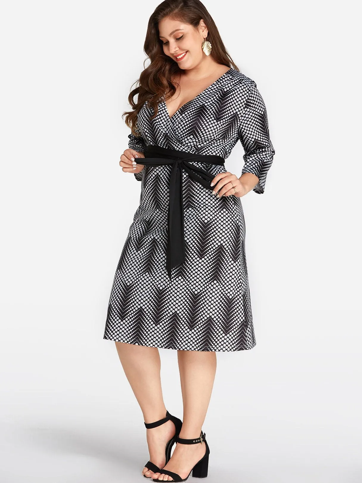OEM ODM V-Neck Floral Print Self-Tie Wrap Long Sleeve Black Plus Size Dress