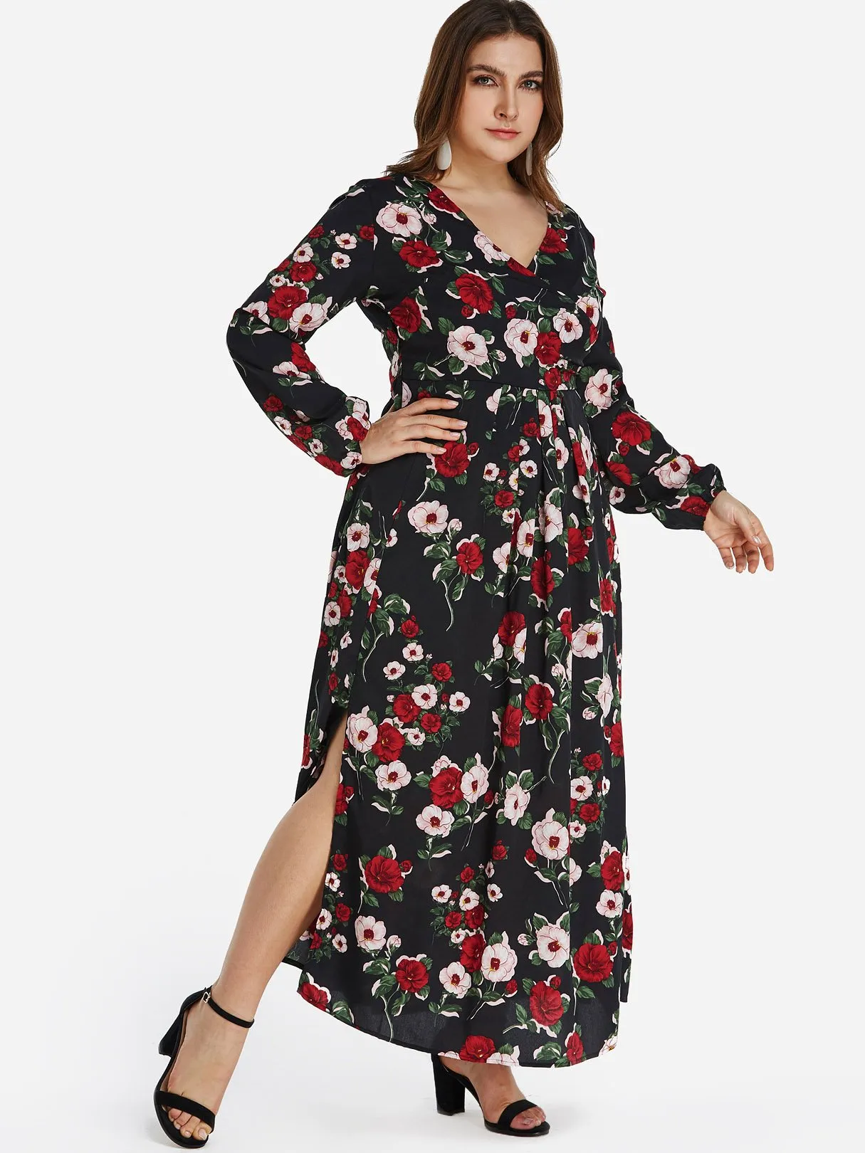 OEM ODM V-Neck Floral Print Self-Tie Wrap Long Sleeve Slit Hem Plus Size Dress