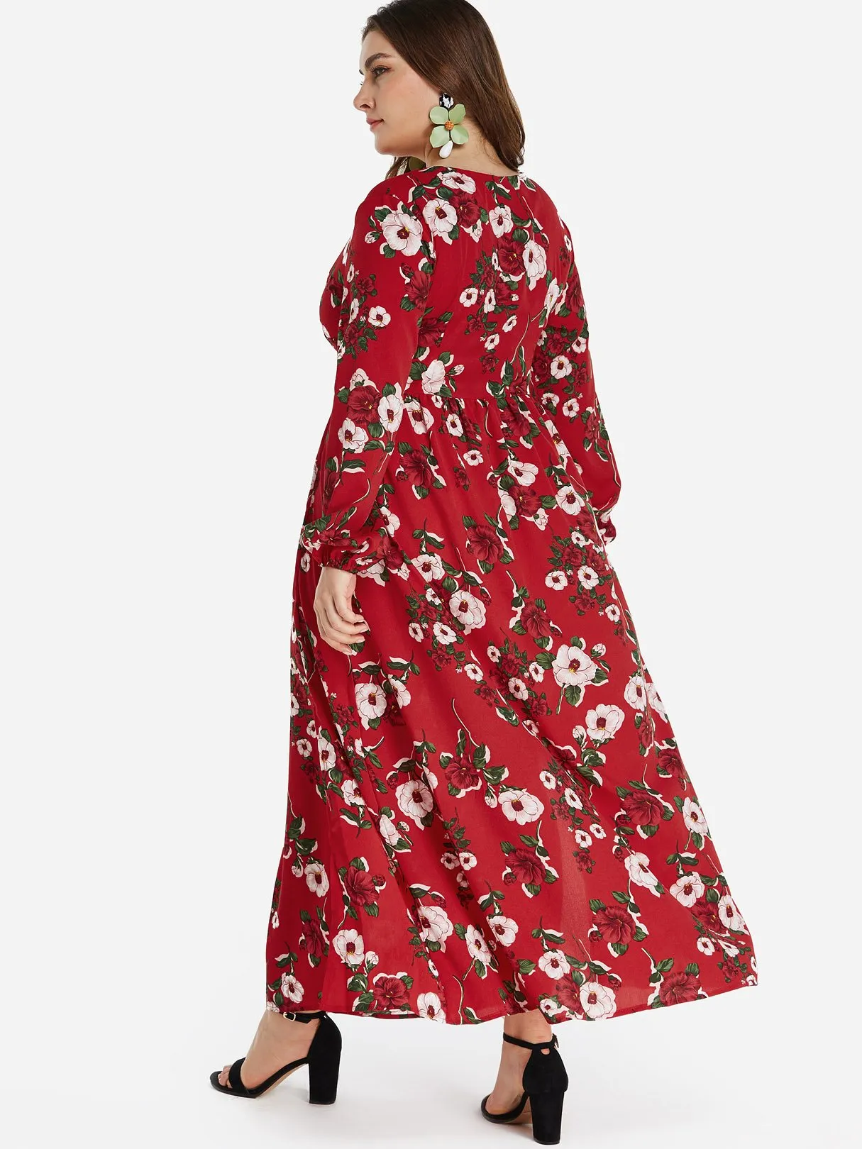 OEM ODM V-Neck Floral Print Self-Tie Wrap Long Sleeve Slit Hem Plus Size Dress