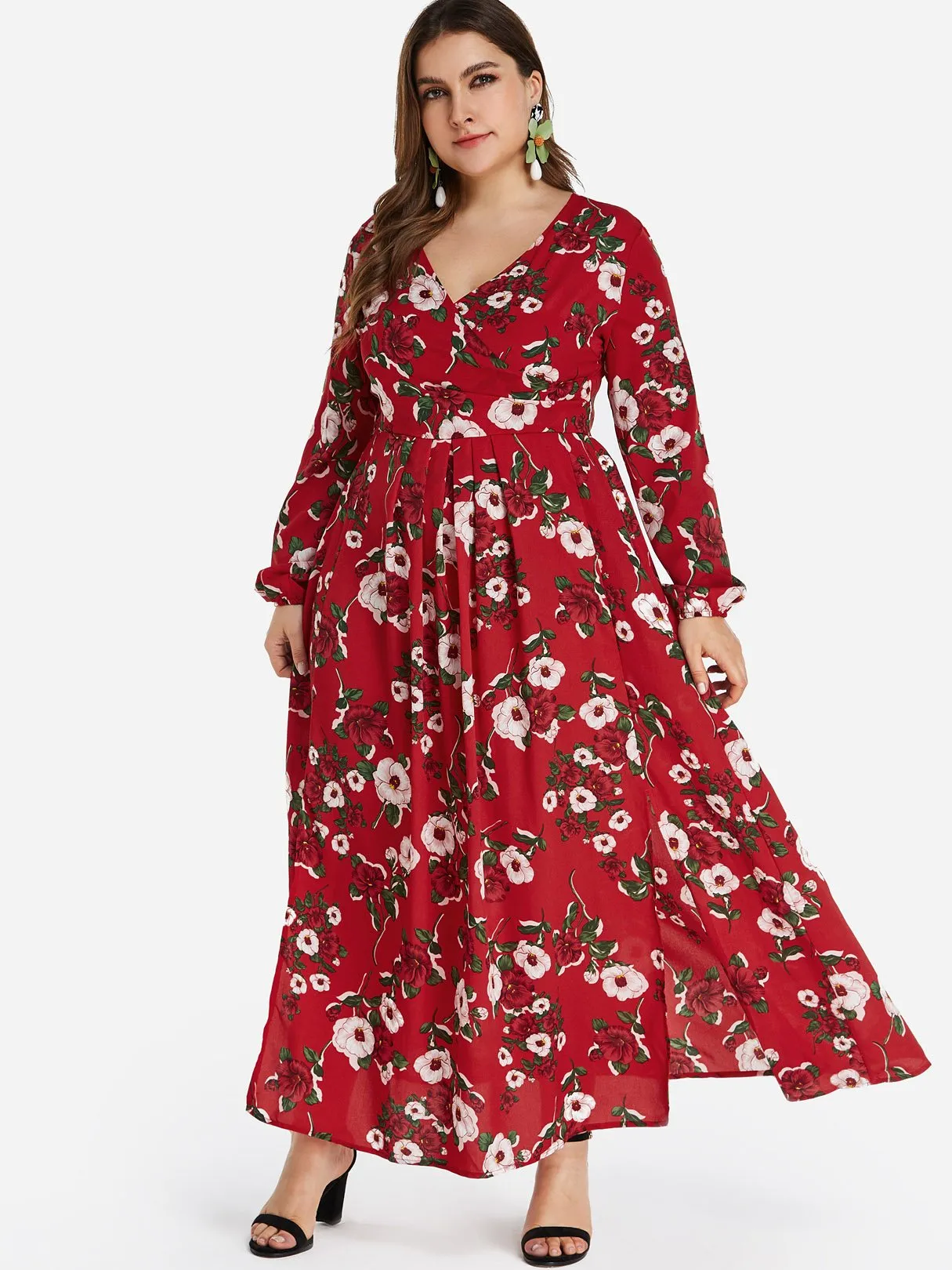 OEM ODM V-Neck Floral Print Self-Tie Wrap Long Sleeve Slit Hem Plus Size Dress