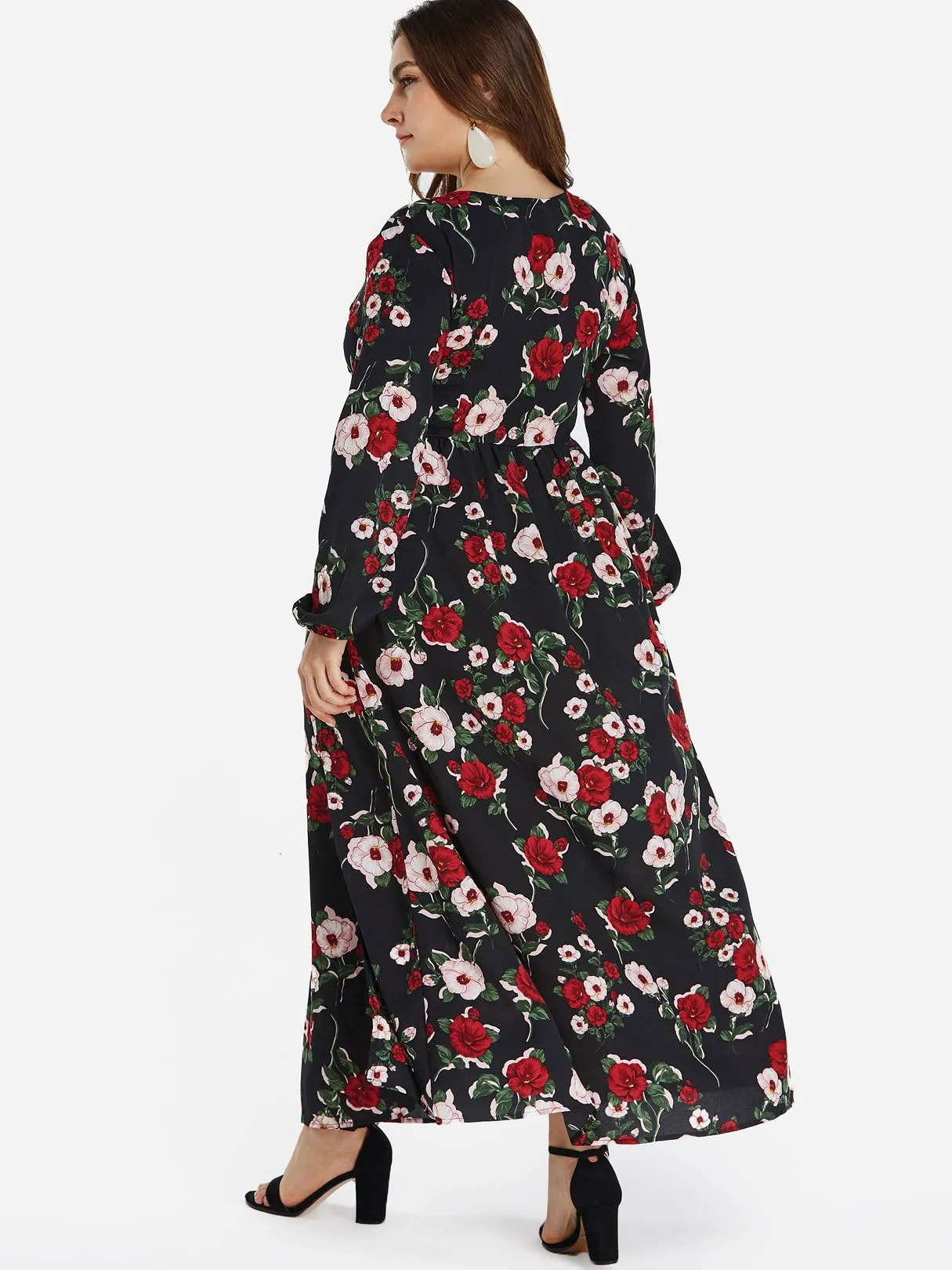 OEM ODM V-Neck Floral Print Self-Tie Wrap Long Sleeve Slit Hem Plus Size Dress