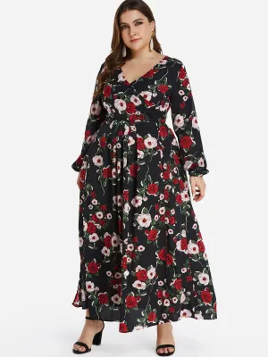 OEM ODM V-Neck Floral Print Self-Tie Wrap Long Sleeve Slit Hem Plus Size Dress
