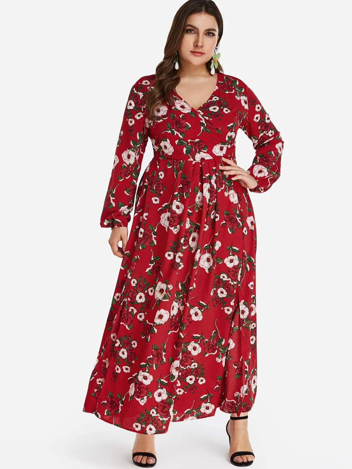 OEM ODM V-Neck Floral Print Self-Tie Wrap Long Sleeve Slit Hem Plus Size Dress