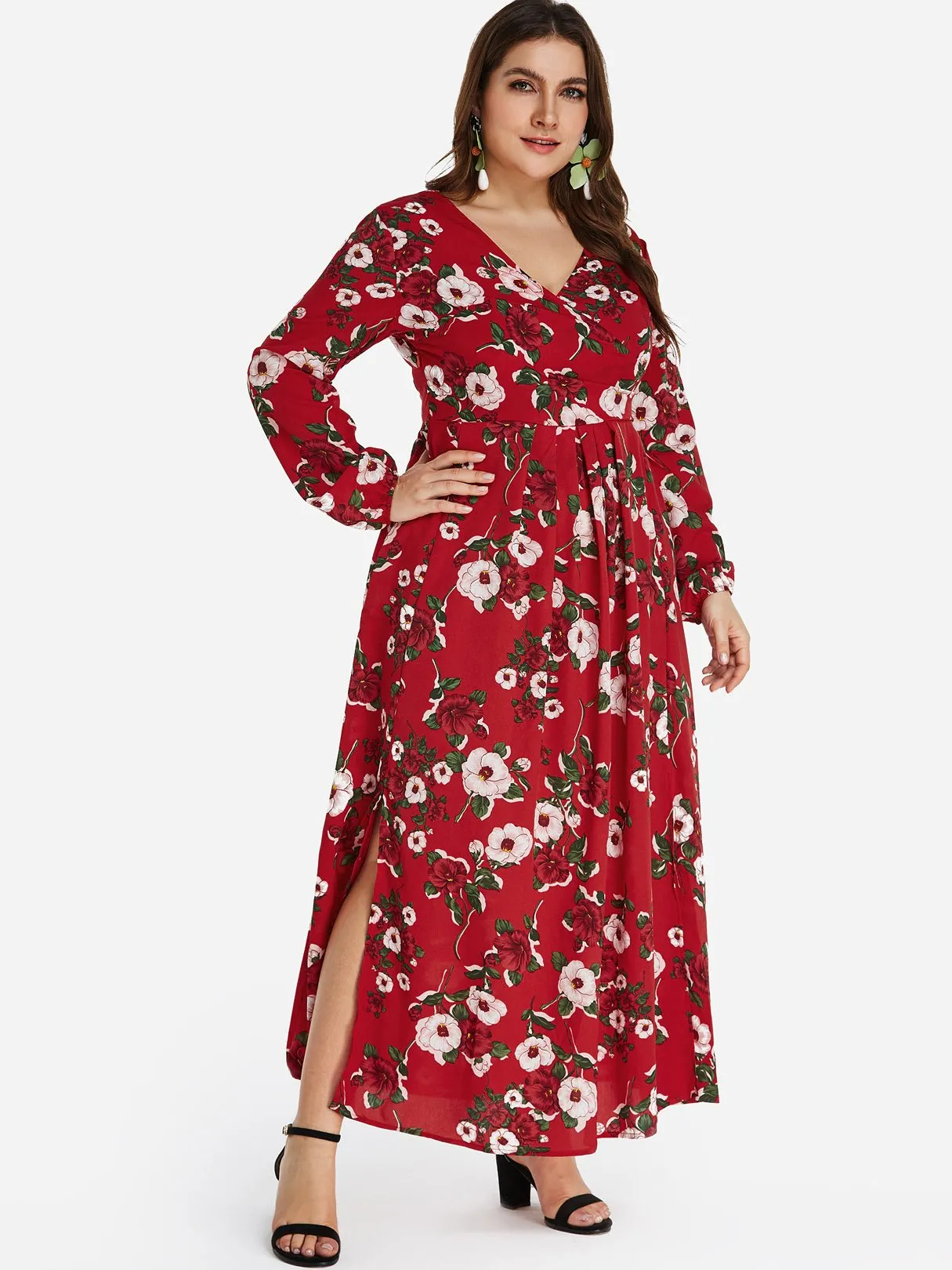 OEM ODM V-Neck Floral Print Self-Tie Wrap Long Sleeve Slit Hem Plus Size Dress
