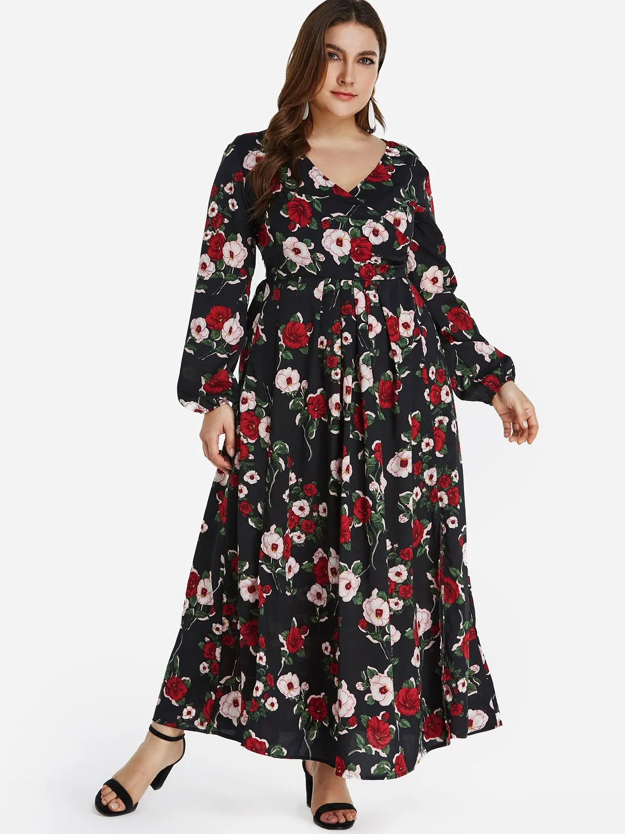 OEM ODM V-Neck Floral Print Self-Tie Wrap Long Sleeve Slit Hem Plus Size Dress