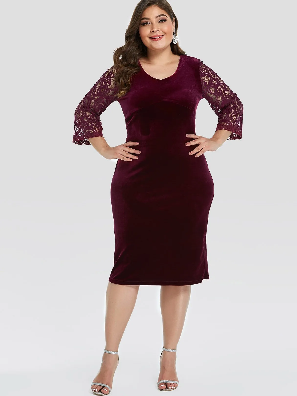 OEM ODM V-Neck Plain Lace 3/4 Sleeve Burgundy Plus Size Dress
