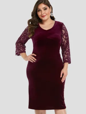 OEM ODM V-Neck Plain Lace 3/4 Sleeve Burgundy Plus Size Dress