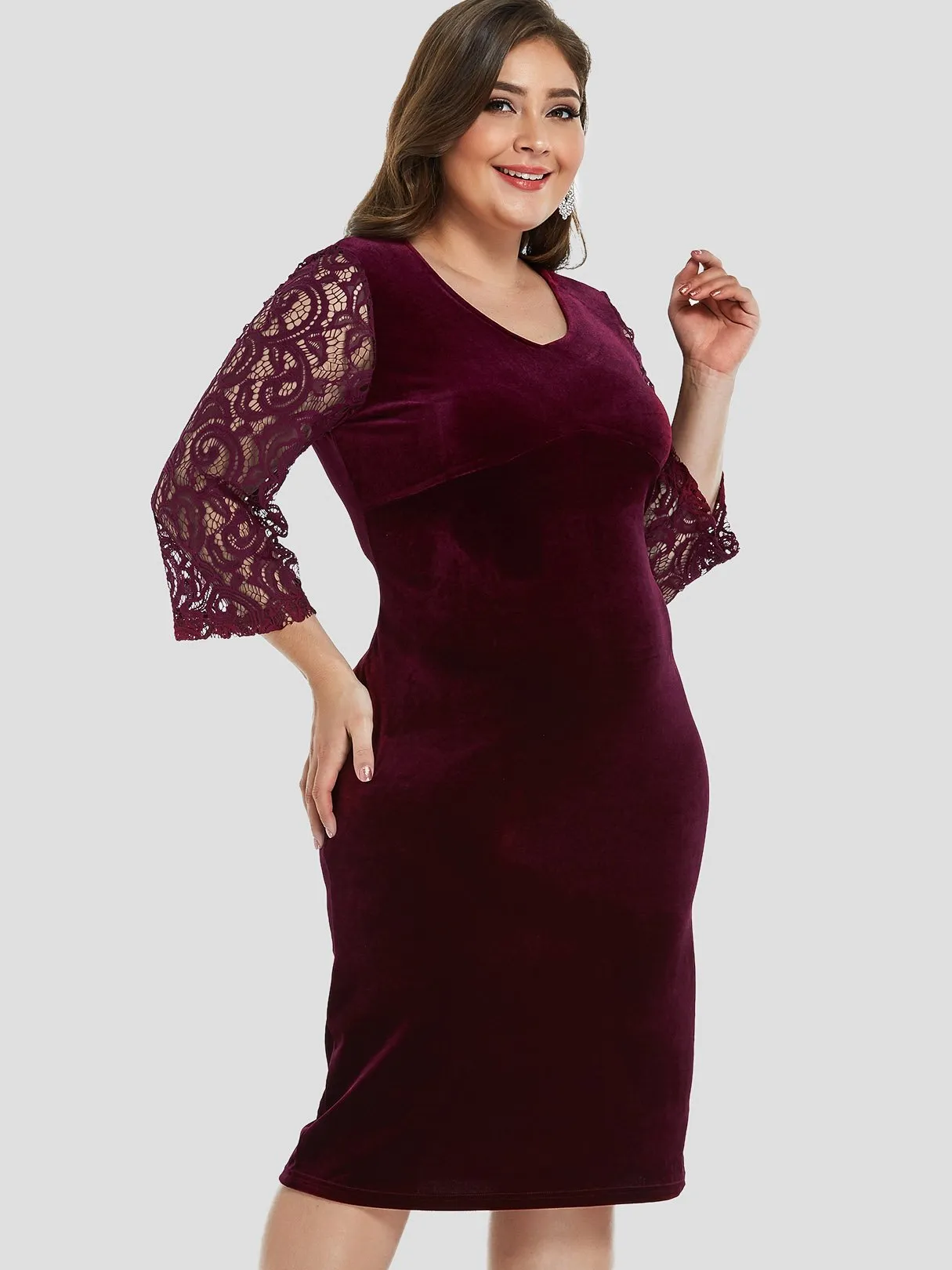 OEM ODM V-Neck Plain Lace 3/4 Sleeve Burgundy Plus Size Dress