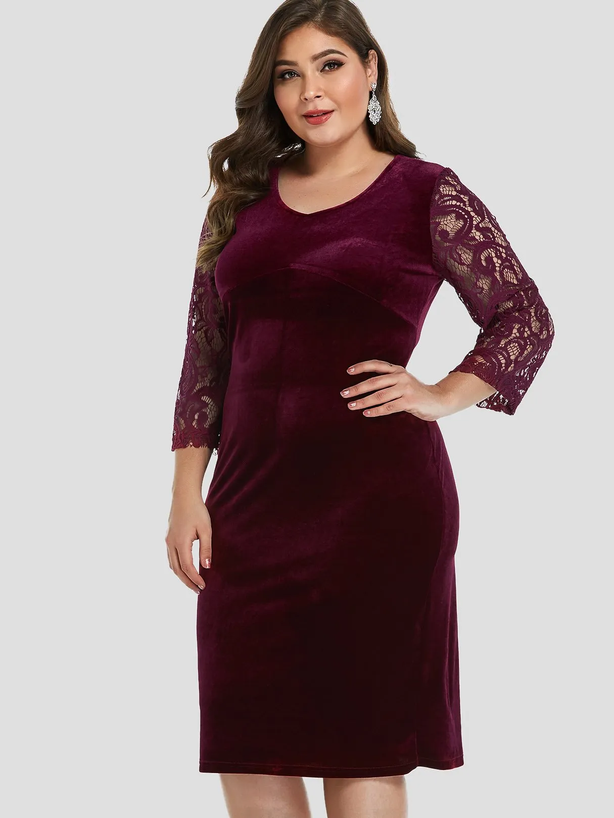 OEM ODM V-Neck Plain Lace 3/4 Sleeve Burgundy Plus Size Dress