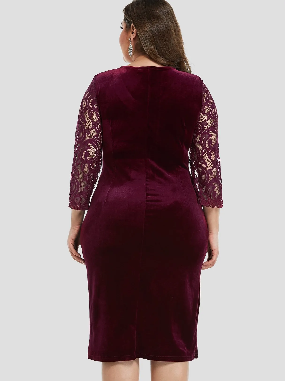 OEM ODM V-Neck Plain Lace 3/4 Sleeve Burgundy Plus Size Dress