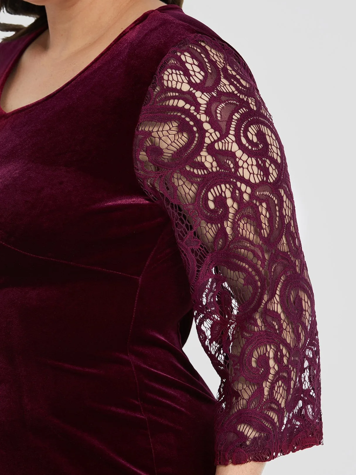 OEM ODM V-Neck Plain Lace 3/4 Sleeve Burgundy Plus Size Dress